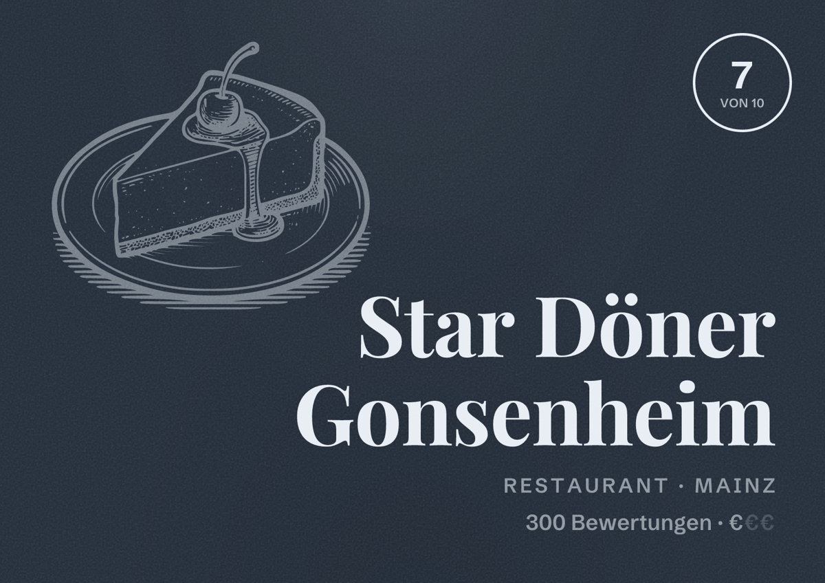 Illustriertes Poster von Star Döner Gonsenheim, Restaurant in Mainz: Bewertung 7 von 10 aus 300 Bewertungen, Preisniveau €