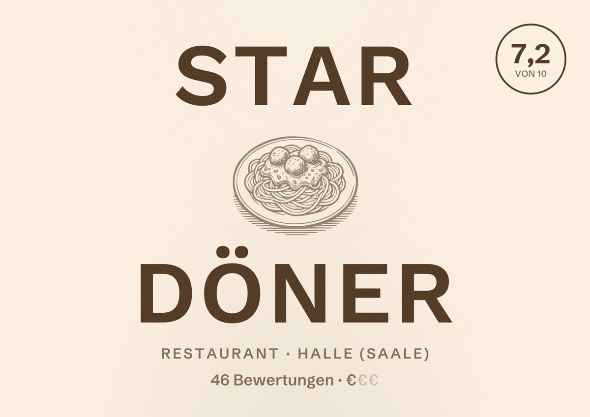 Illustriertes Poster von Star Döner, Restaurant in Halle (Saale): Bewertung 7,2 von 10 aus 46 Bewertungen, Preisniveau €