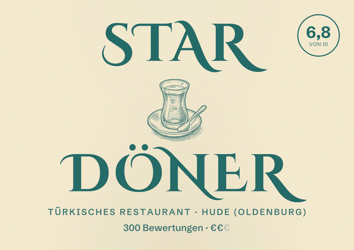 Illustriertes Poster von Star Döner, Türkisches Restaurant in Hude (Oldenburg): Bewertung 6,8 von 10 aus 300 Bewertungen, Preisniveau €€