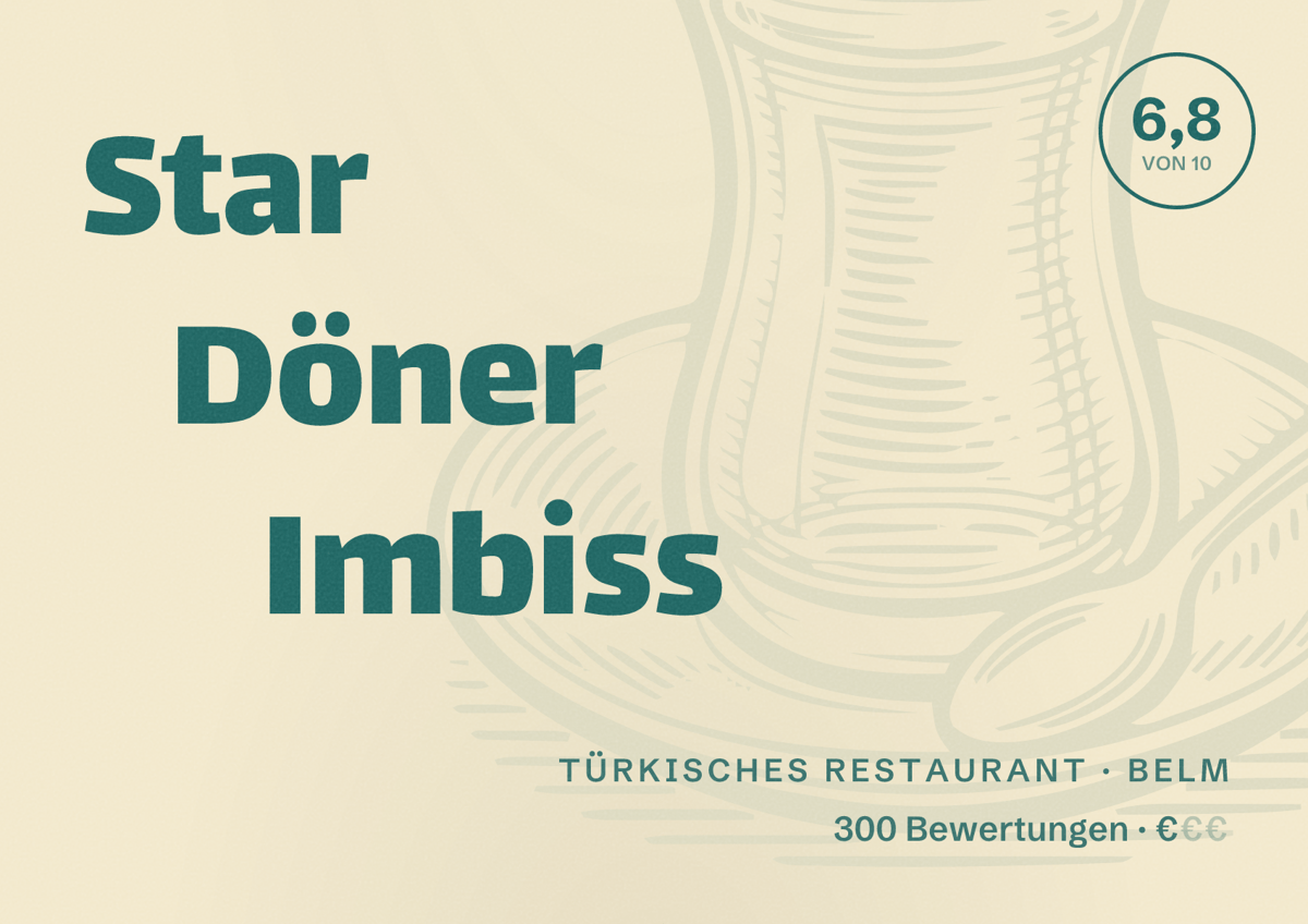 Illustriertes Poster von Star Döner Imbiss, Türkisches Restaurant in Belm: Bewertung 6,8 von 10 aus 300 Bewertungen, Preisniveau €