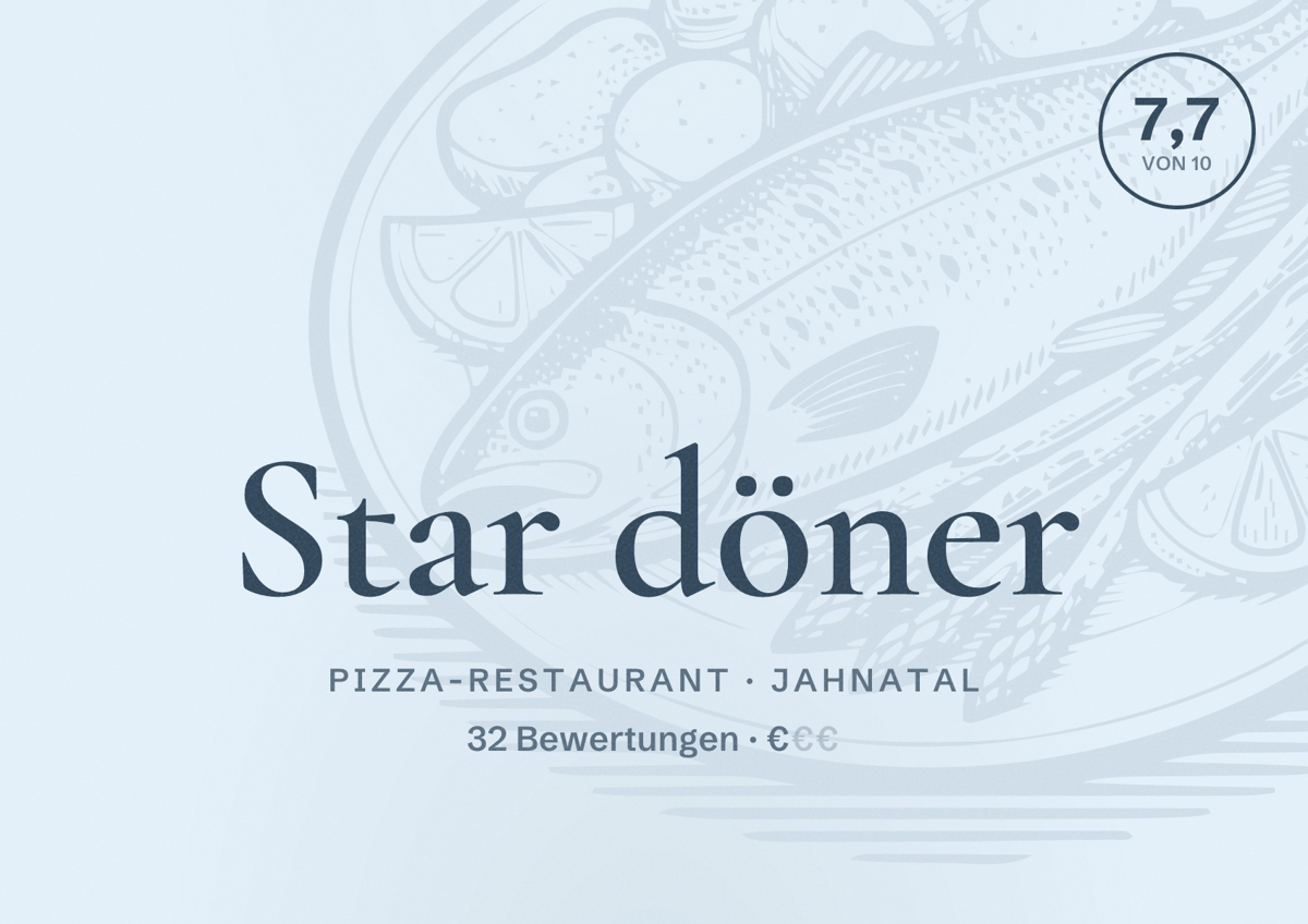 Illustriertes Poster von Star döner, Pizza-Restaurant in Jahnatal: Bewertung 7,7 von 10 aus 32 Bewertungen, Preisniveau €