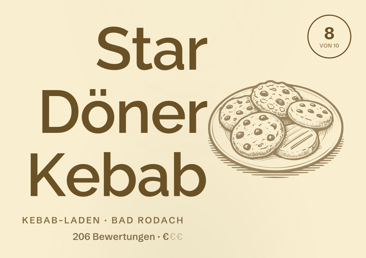 Illustriertes Poster von Star Döner Kebab, Kebab-Laden in Bad Rodach: Bewertung 8 von 10 aus 206 Bewertungen, Preisniveau €