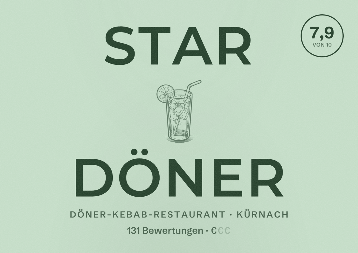 Illustriertes Poster von Star Döner, Döner-Kebab-Restaurant in Kürnach: Bewertung 7,9 von 10 aus 131 Bewertungen, Preisniveau €