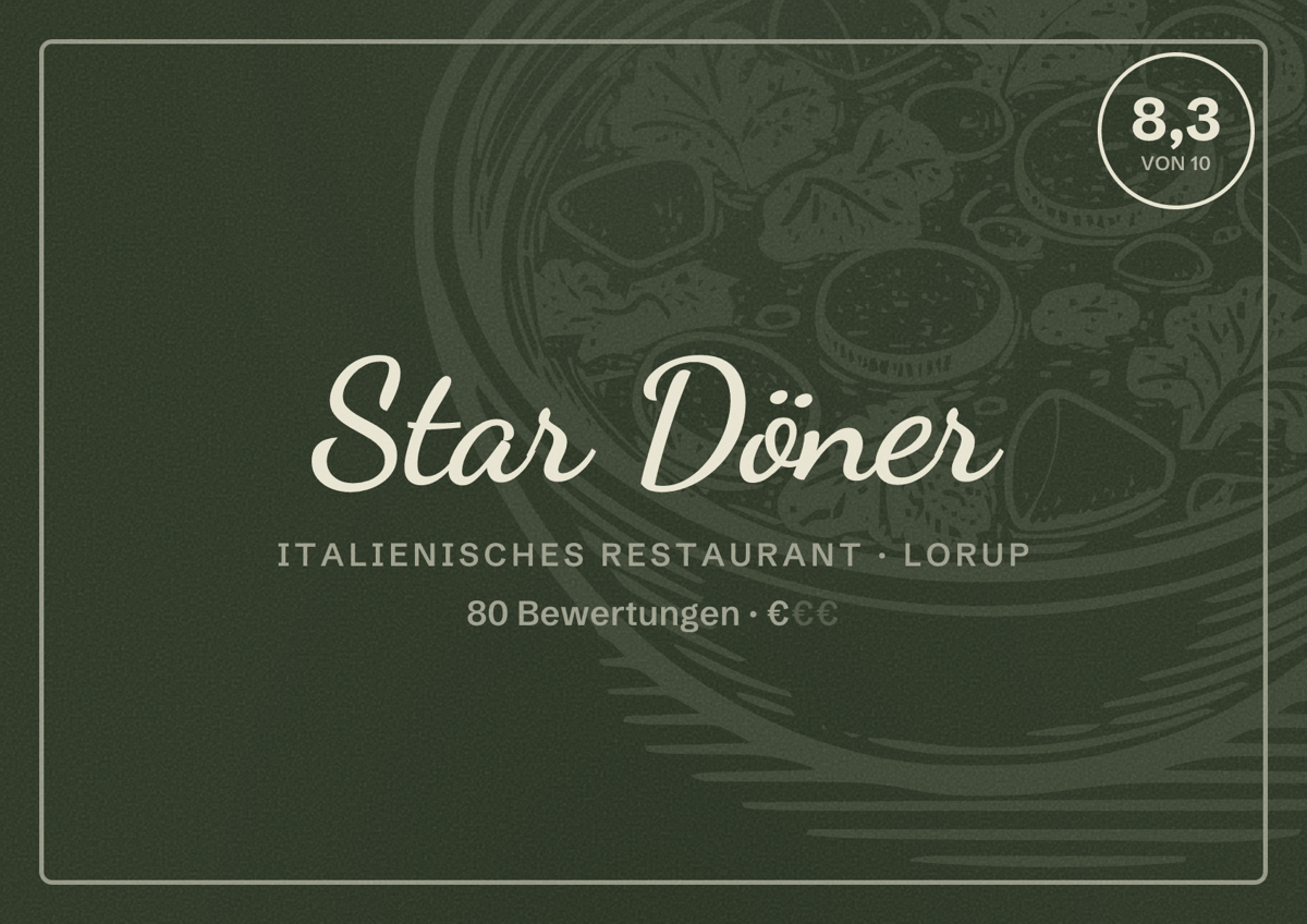 Illustriertes Poster von Star Döner, Italienisches Restaurant in Lorup: Bewertung 8,3 von 10 aus 80 Bewertungen, Preisniveau €