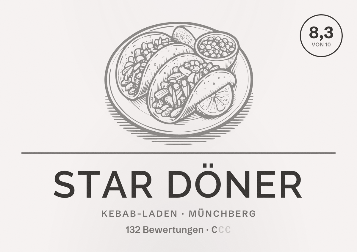 Illustriertes Poster von Star Döner, Kebab-Laden in Münchberg: Bewertung 8,3 von 10 aus 132 Bewertungen, Preisniveau €