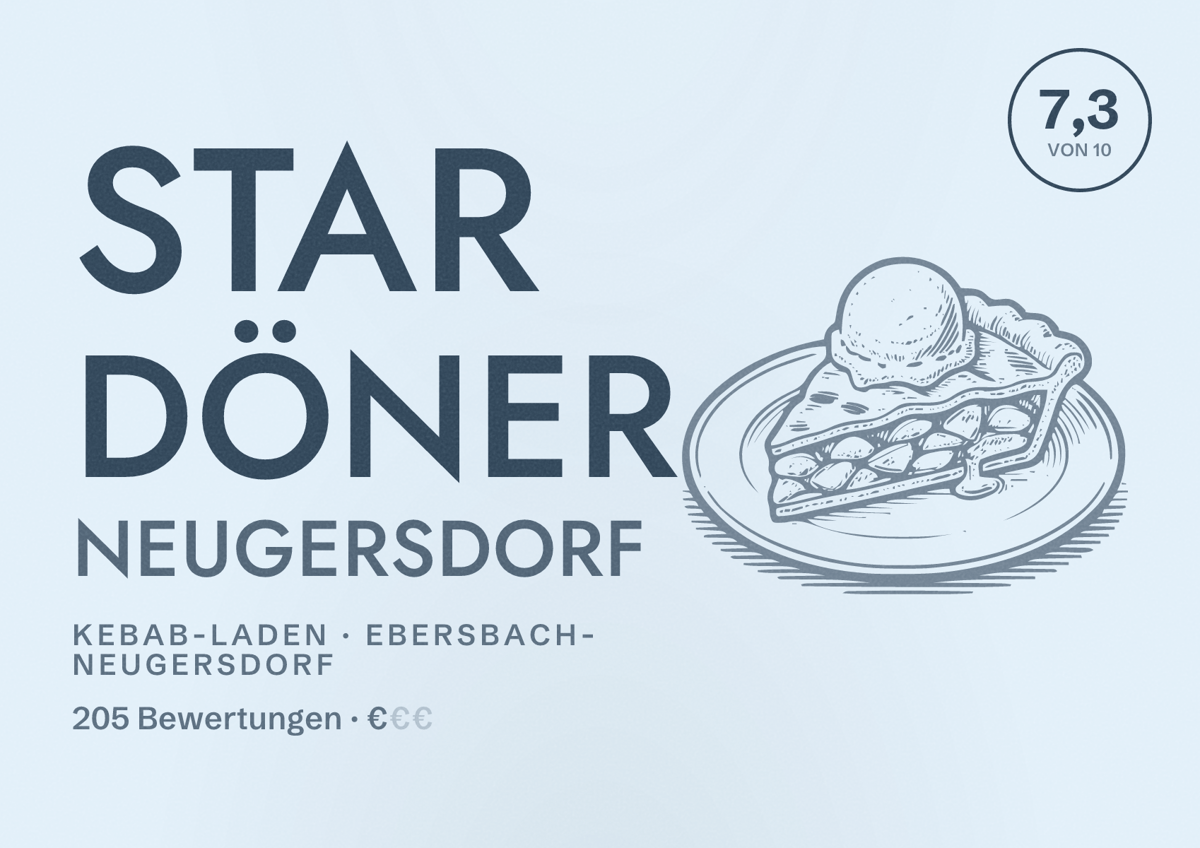 Illustriertes Poster von Star Döner Neugersdorf, Kebab-Laden in Ebersbach-Neugersdorf: Bewertung 7,3 von 10 aus 205 Bewertungen, Preisniveau €