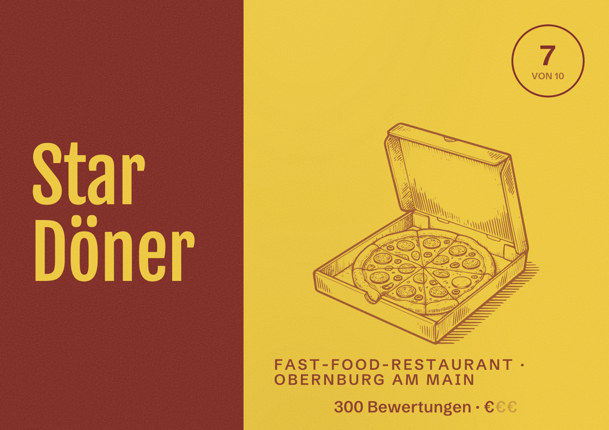 Illustriertes Poster von Star Döner, Fast-Food-Restaurant in Obernburg am Main: Bewertung 7 von 10 aus 300 Bewertungen, Preisniveau €