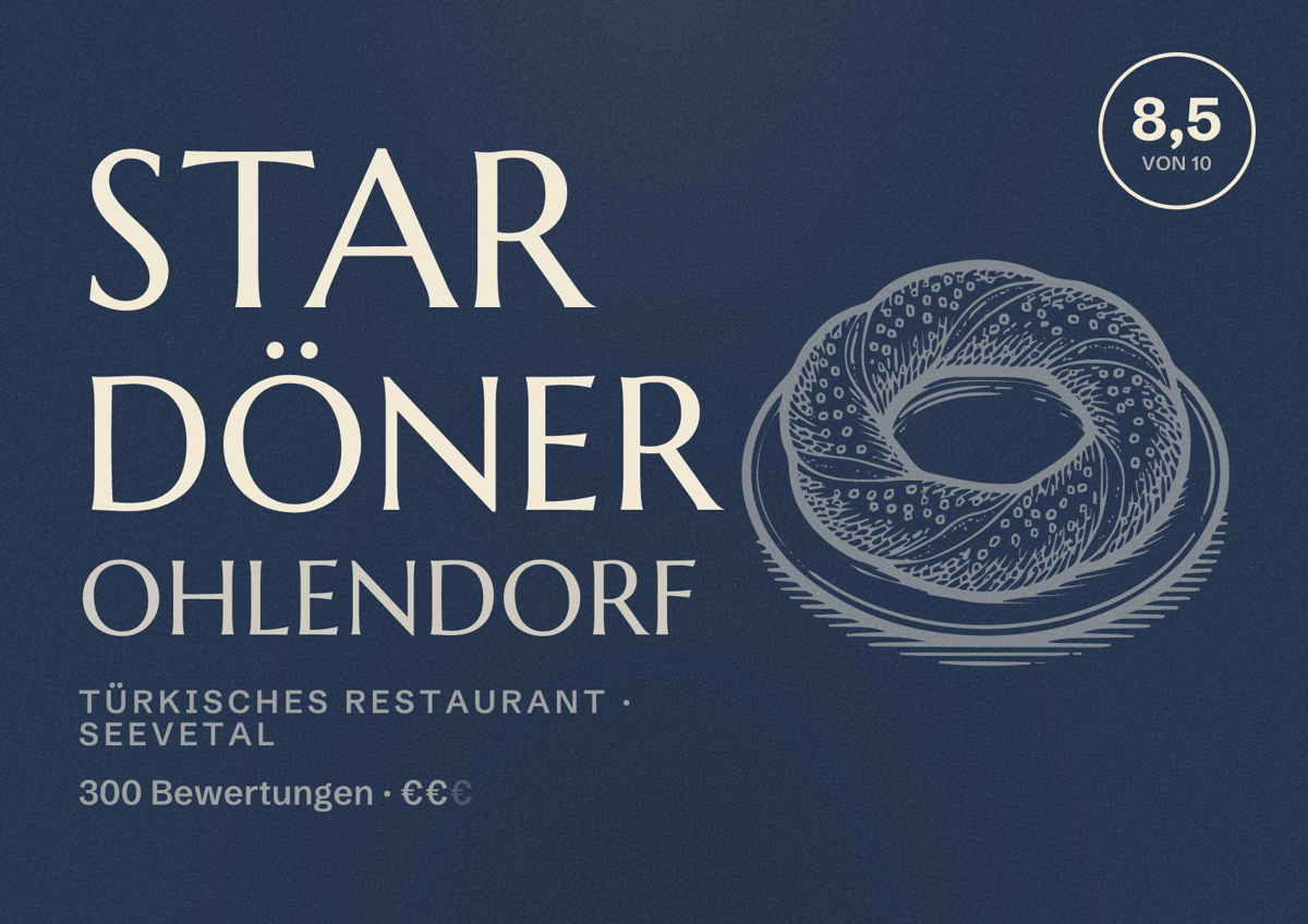 Illustriertes Poster von Star Döner Ohlendorf, Türkisches Restaurant in Seevetal: Bewertung 8,5 von 10 aus 300 Bewertungen, Preisniveau €€