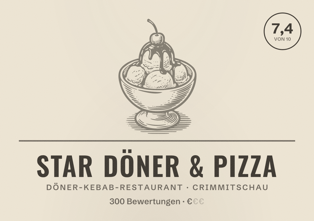 Illustriertes Poster von STAR Döner & Pizza, Döner-Kebab-Restaurant in Crimmitschau: Bewertung 7,4 von 10 aus 300 Bewertungen, Preisniveau €