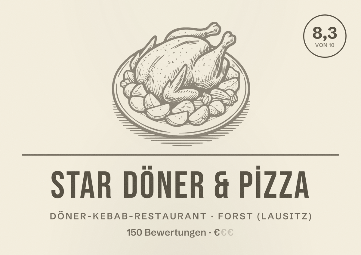 Illustriertes Poster von STAR DÖNER & PİZZA, Döner-Kebab-Restaurant in Forst (Lausitz): Bewertung 8,3 von 10 aus 150 Bewertungen, Preisniveau €
