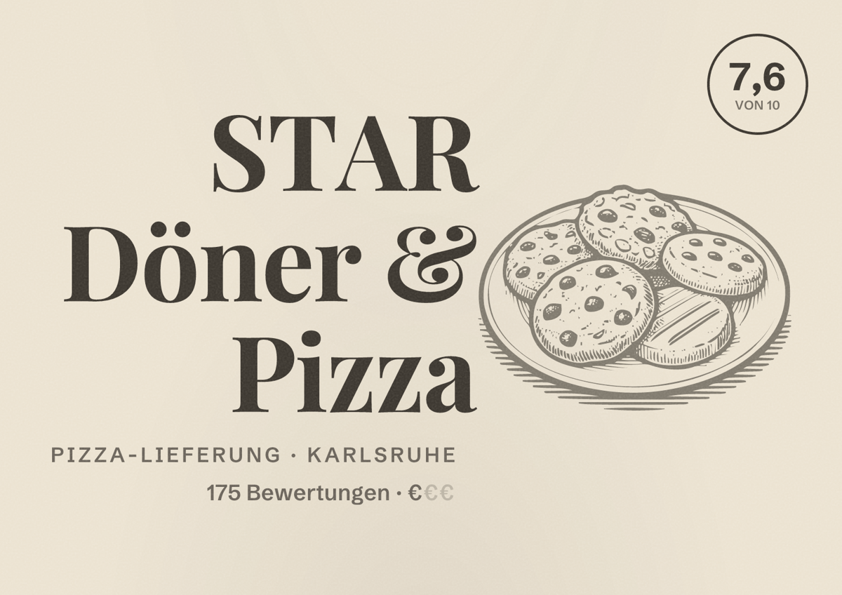 Illustriertes Poster von STAR Döner & Pizza, Pizza-Lieferung in Karlsruhe: Bewertung 7,6 von 10 aus 175 Bewertungen, Preisniveau €