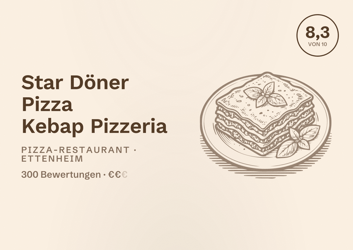 Illustriertes Poster von Star Döner Pizza Kebap Pizzeria, Pizza-Restaurant in Ettenheim: Bewertung 8,3 von 10 aus 300 Bewertungen, Preisniveau €€