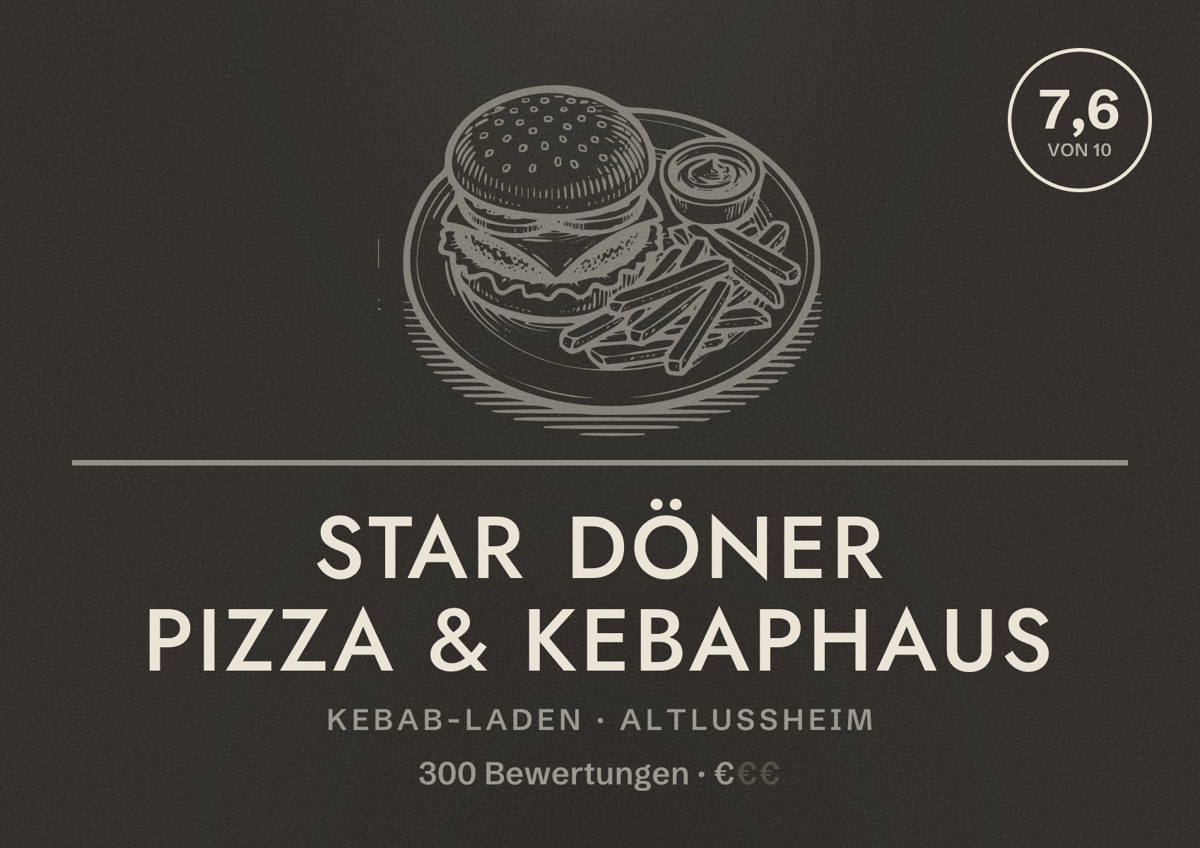 Illustriertes Poster von Star Döner Pizza & Kebaphaus, Kebab-Laden in Altlußheim: Bewertung 7,6 von 10 aus 300 Bewertungen, Preisniveau €