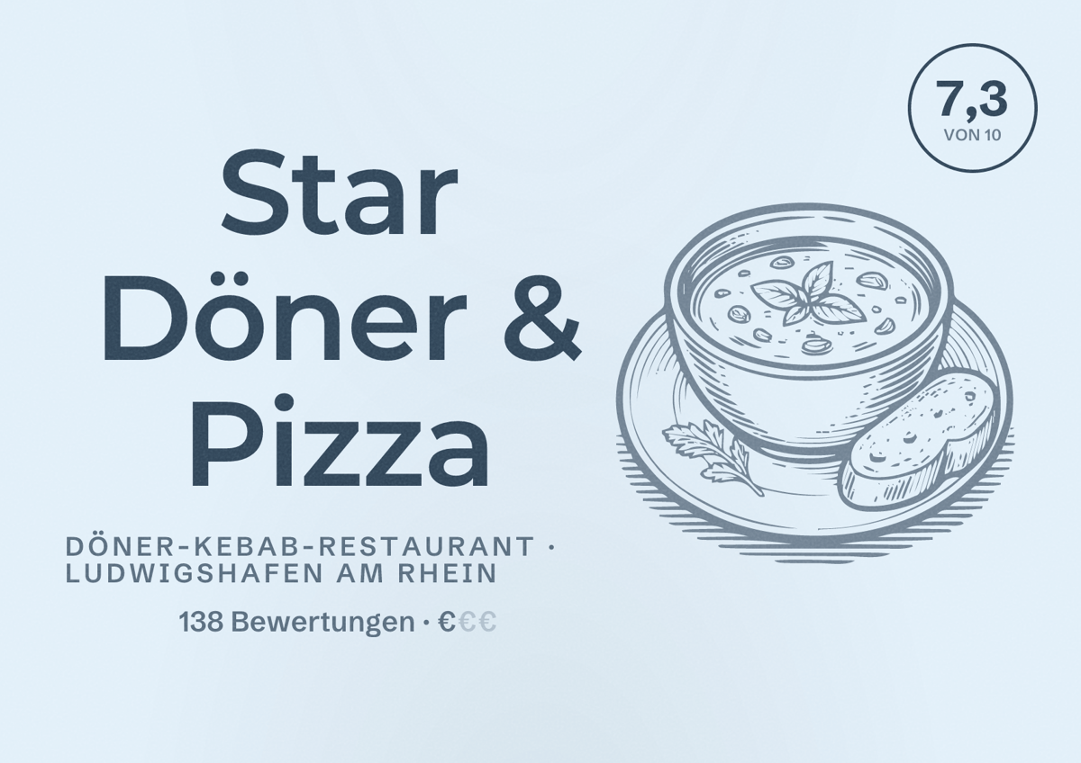 Illustriertes Poster von Star Döner & Pizza, Döner-Kebab-Restaurant in Ludwigshafen am Rhein: Bewertung 7,3 von 10 aus 138 Bewertungen, Preisniveau €