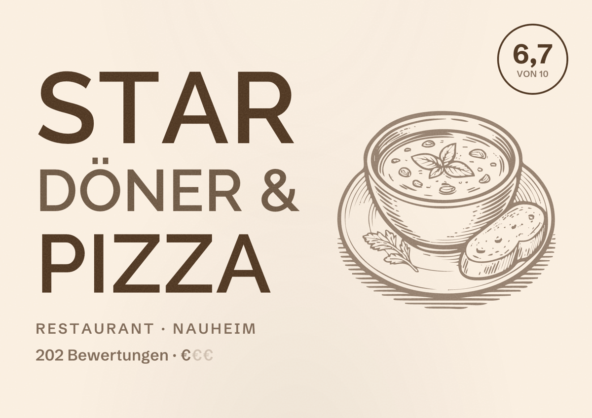Illustriertes Poster von Star Döner & Pizza, Restaurant in Nauheim: Bewertung 6,7 von 10 aus 202 Bewertungen, Preisniveau €