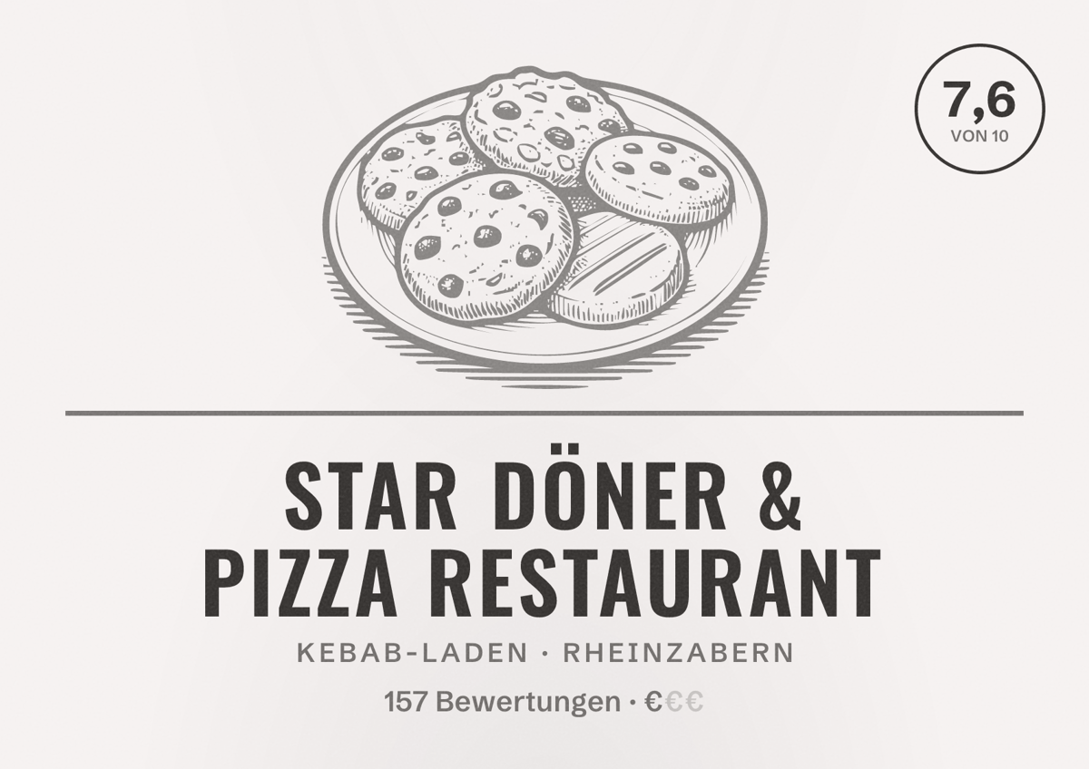 Illustriertes Poster von Star Döner & Pizza Restaurant, Kebab-Laden in Rheinzabern: Bewertung 7,6 von 10 aus 157 Bewertungen, Preisniveau €