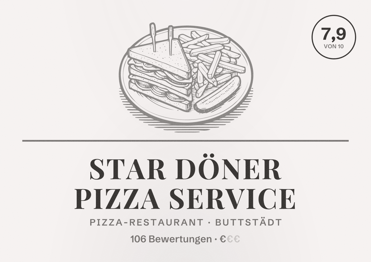Illustriertes Poster von Star Döner Pizza Service, Pizza-Restaurant in Buttstädt: Bewertung 7,9 von 10 aus 106 Bewertungen, Preisniveau €