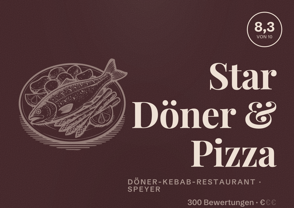 Illustriertes Poster von Star Döner & Pizza, Döner-Kebab-Restaurant in Speyer: Bewertung 8,3 von 10 aus 300 Bewertungen, Preisniveau €
