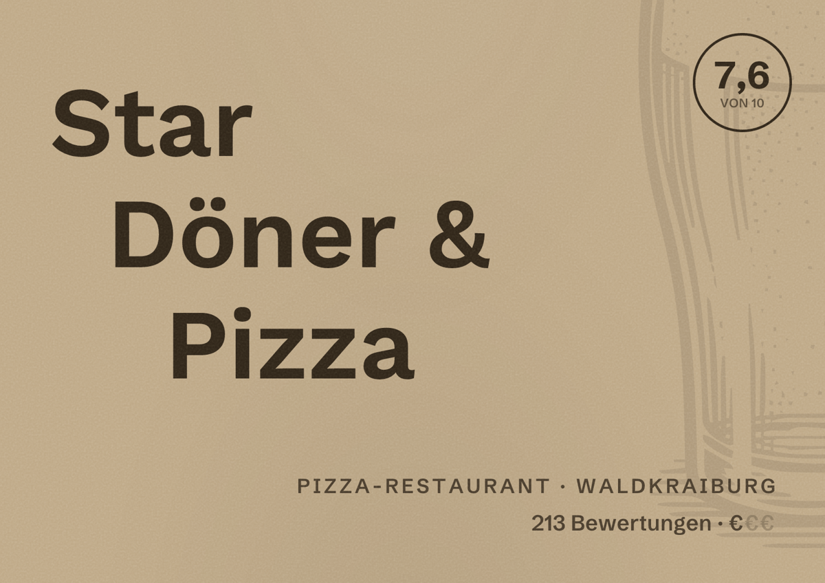 Illustriertes Poster von Star Döner & Pizza, Pizza-Restaurant in Waldkraiburg: Bewertung 7,6 von 10 aus 213 Bewertungen, Preisniveau €