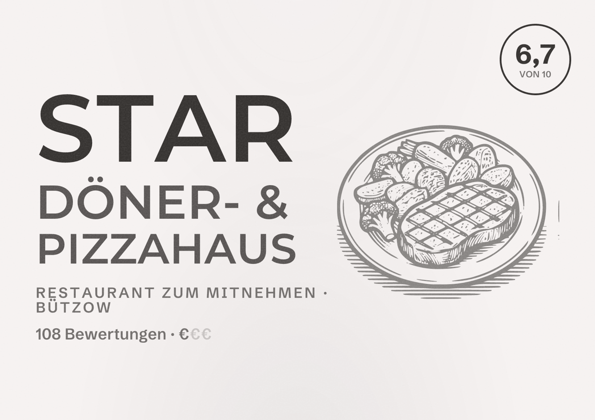 Illustriertes Poster von Star Döner- & Pizzahaus, Restaurant zum Mitnehmen in Bützow: Bewertung 6,7 von 10 aus 108 Bewertungen, Preisniveau €