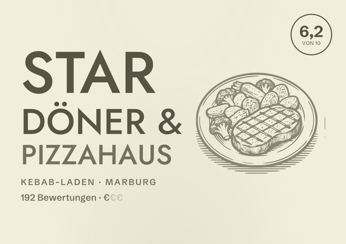Illustriertes Poster von Star Döner & Pizzahaus, Kebab-Laden in Marburg: Bewertung 6,2 von 10 aus 192 Bewertungen, Preisniveau €
