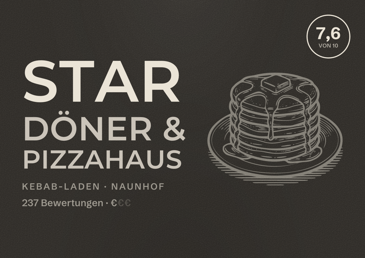 Illustriertes Poster von Star Döner & Pizzahaus, Kebab-Laden in Naunhof: Bewertung 7,6 von 10 aus 237 Bewertungen, Preisniveau €