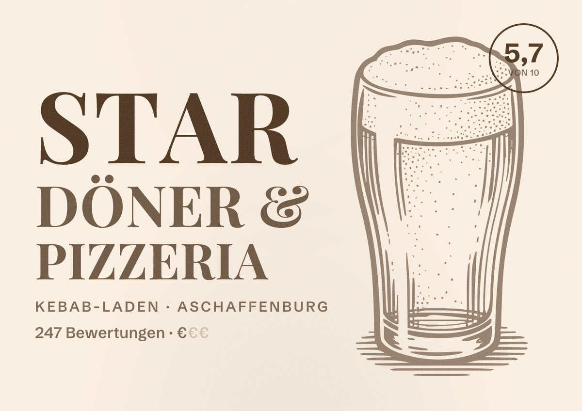 Illustriertes Poster von Star Döner & Pizzeria, Kebab-Laden in Aschaffenburg: Bewertung 5,7 von 10 aus 247 Bewertungen, Preisniveau €