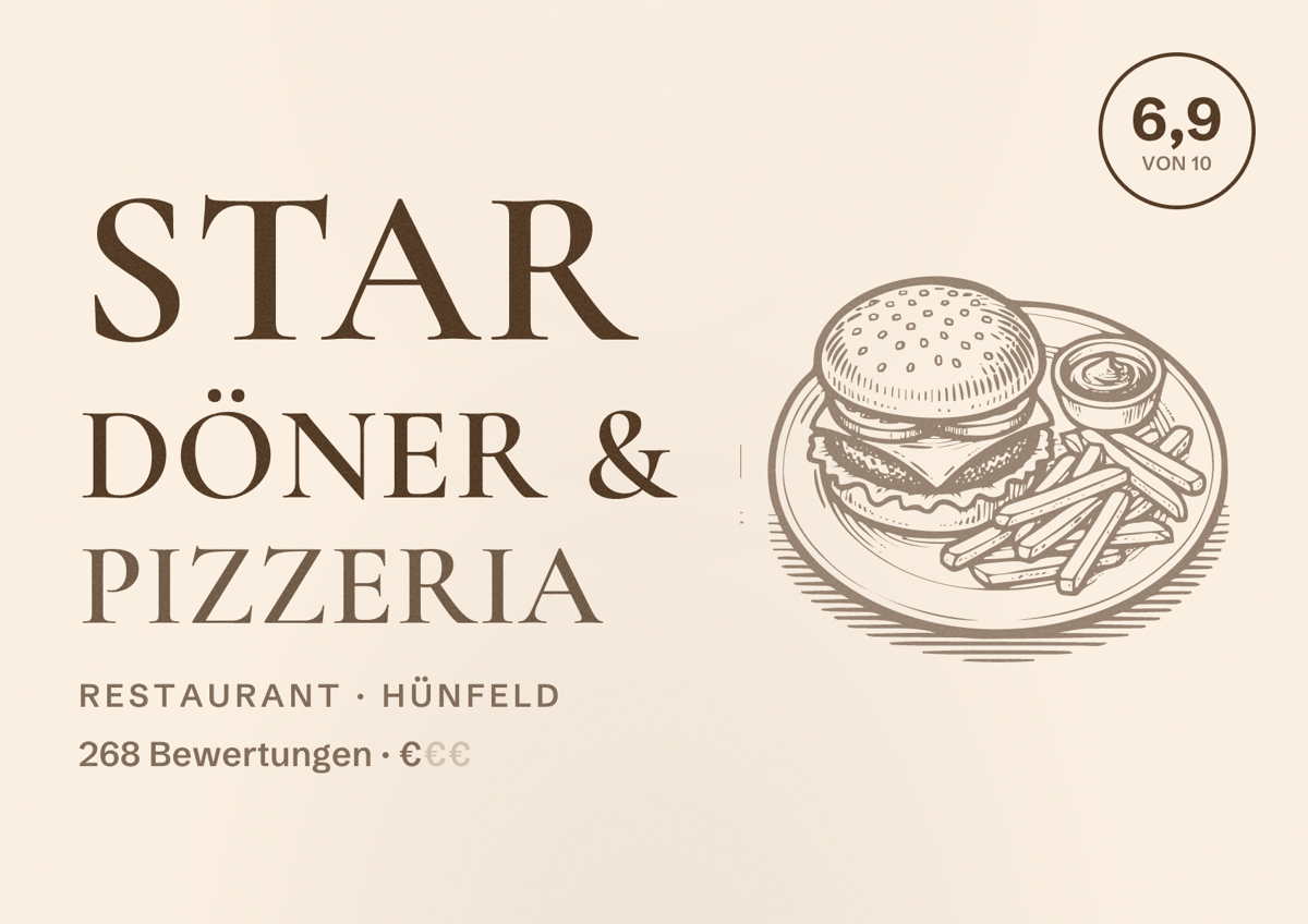 Illustriertes Poster von Star Döner & Pizzeria, Restaurant in Hünfeld: Bewertung 6,9 von 10 aus 268 Bewertungen, Preisniveau €