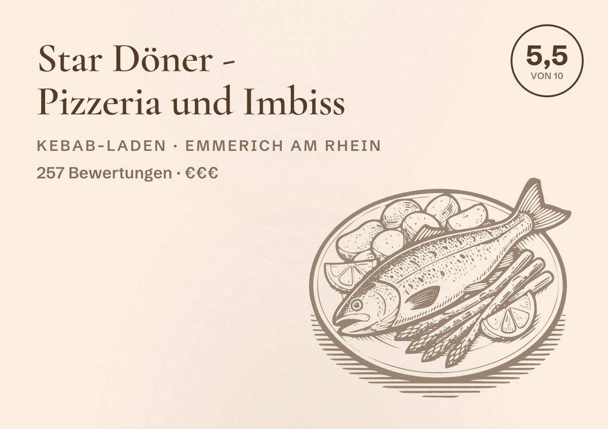 Illustriertes Poster von Star Döner - Pizzeria und Imbiss, Kebab-Laden in Emmerich am Rhein: Bewertung 5,5 von 10 aus 257 Bewertungen, Preisniveau €€€