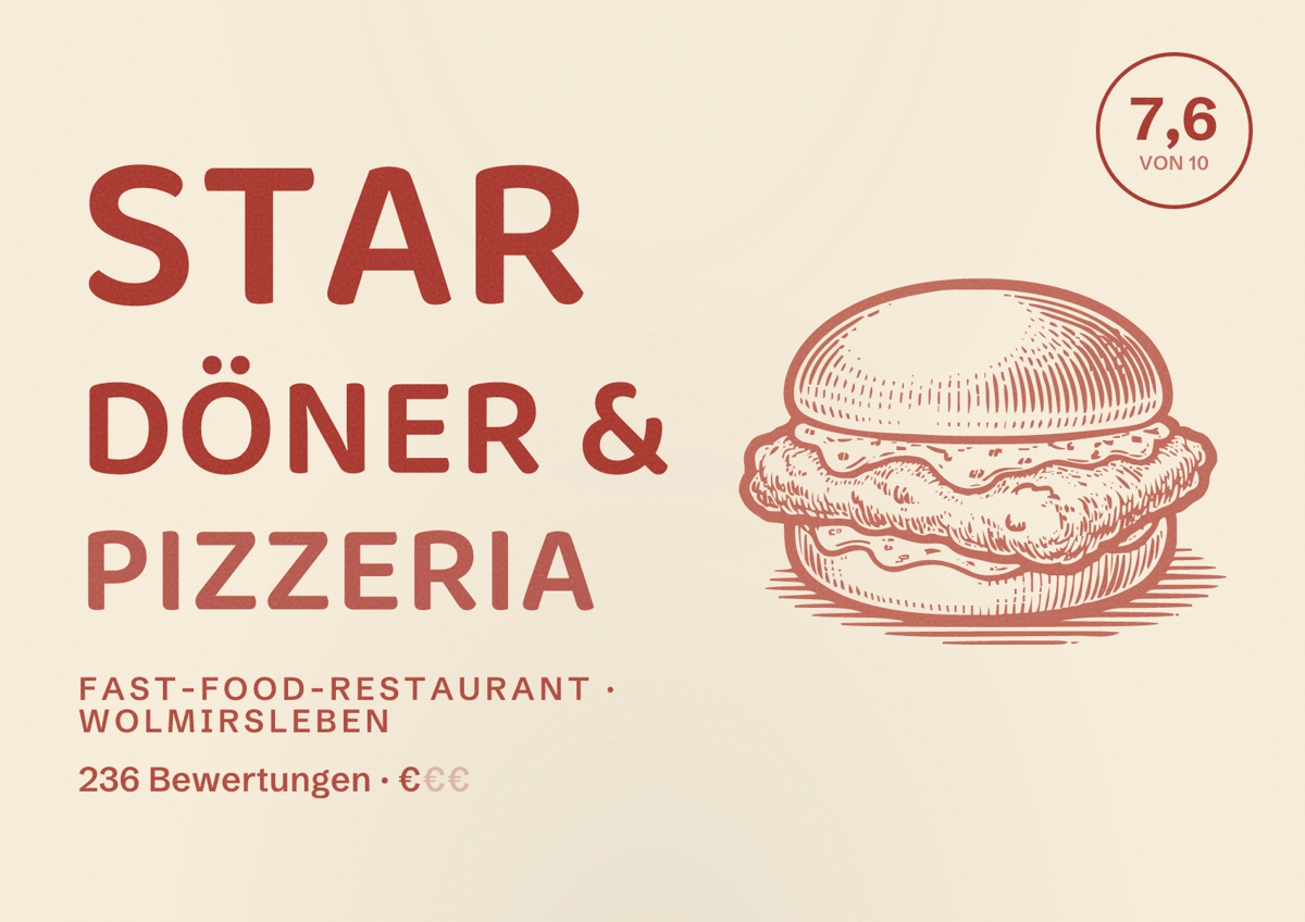 Illustriertes Poster von Star Döner & Pizzeria, Fast-Food-Restaurant in Wolmirsleben: Bewertung 7,6 von 10 aus 236 Bewertungen, Preisniveau €