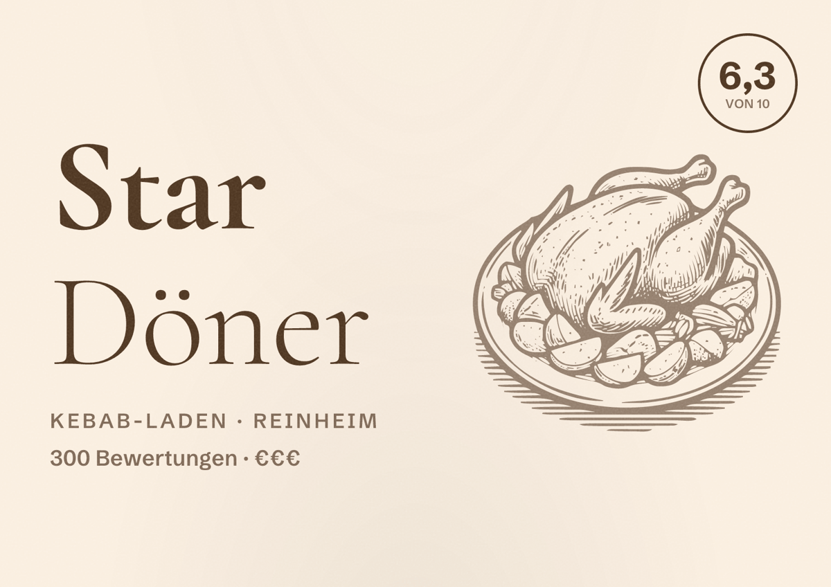 Illustriertes Poster von Star Döner, Kebab-Laden in Reinheim: Bewertung 6,3 von 10 aus 300 Bewertungen, Preisniveau €€€