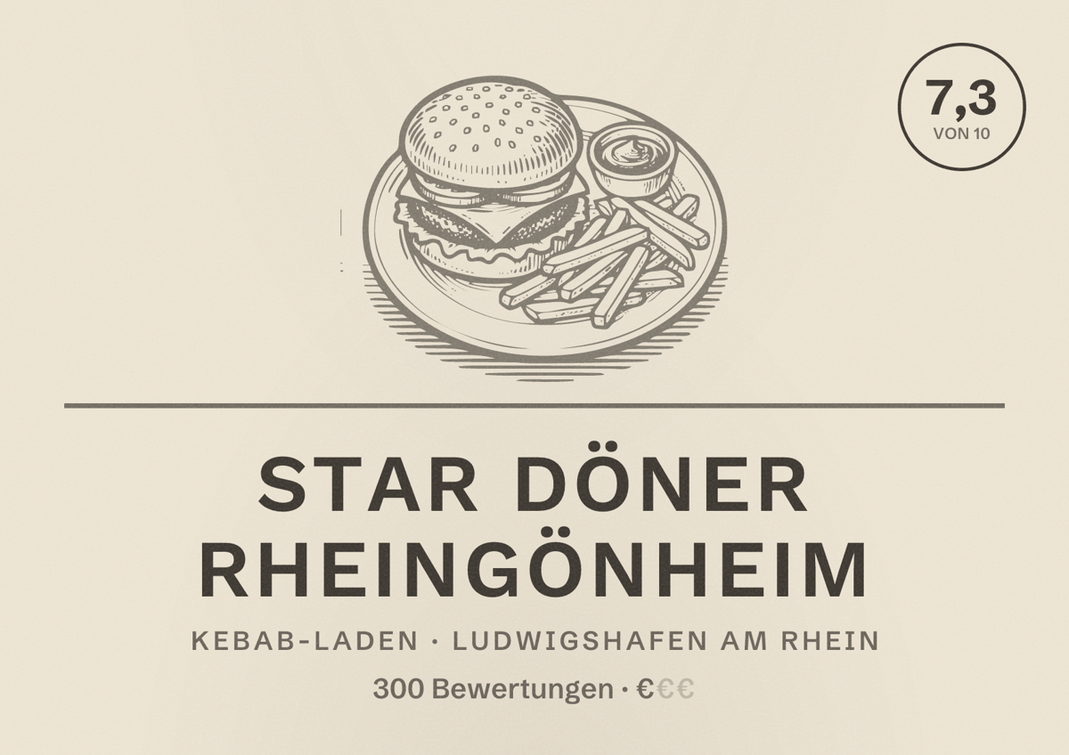 Illustriertes Poster von STAR DÖNER RHEINGÖNHEIM, Kebab-Laden in Ludwigshafen am Rhein: Bewertung 7,3 von 10 aus 300 Bewertungen, Preisniveau €