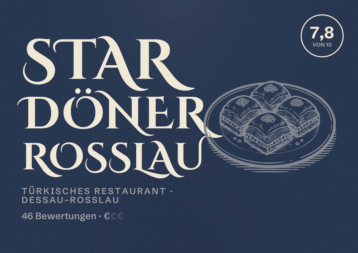 Illustriertes Poster von Star Döner Roßlau, Türkisches Restaurant in Dessau-Roßlau: Bewertung 7,8 von 10 aus 46 Bewertungen, Preisniveau €