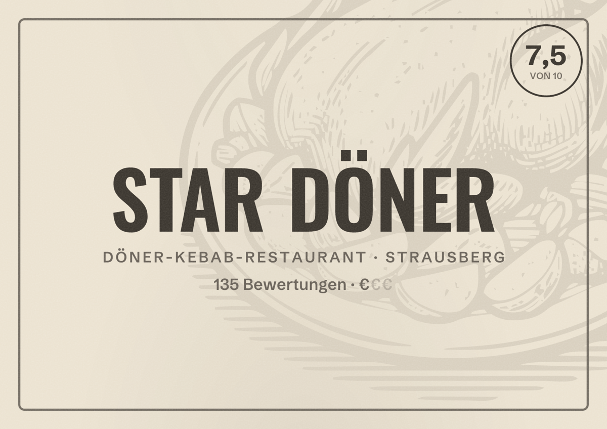 Illustriertes Poster von STAR DÖNER, Döner-Kebab-Restaurant in Strausberg: Bewertung 7,5 von 10 aus 135 Bewertungen, Preisniveau €