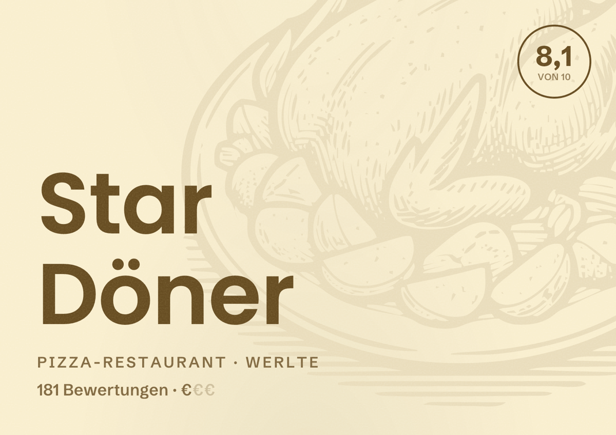 Illustriertes Poster von Star Döner, Pizza-Restaurant in Werlte: Bewertung 8,1 von 10 aus 181 Bewertungen, Preisniveau €