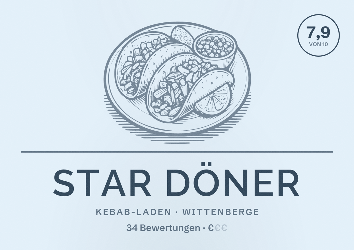 Illustriertes Poster von Star Döner, Kebab-Laden in Wittenberge: Bewertung 7,9 von 10 aus 34 Bewertungen, Preisniveau €