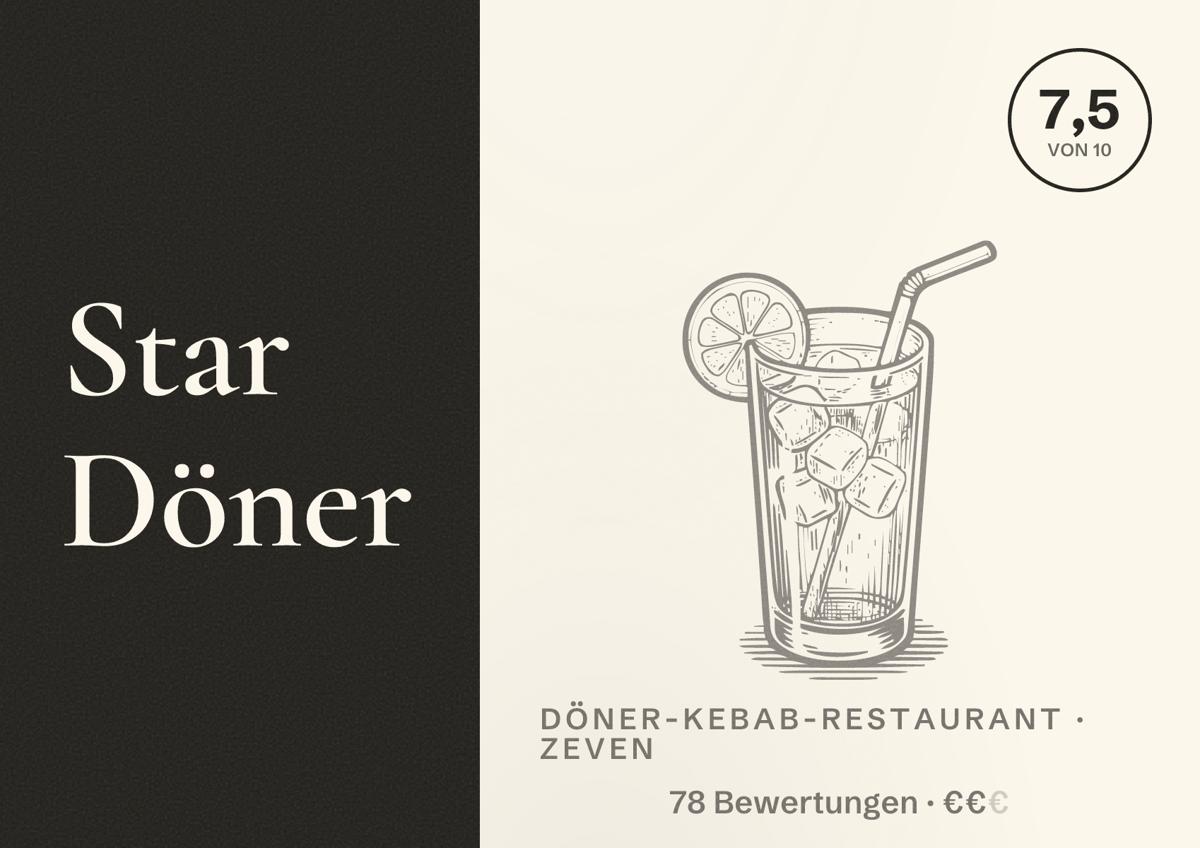 Illustriertes Poster von Star Döner, Döner-Kebab-Restaurant in Zeven: Bewertung 7,5 von 10 aus 78 Bewertungen, Preisniveau €€
