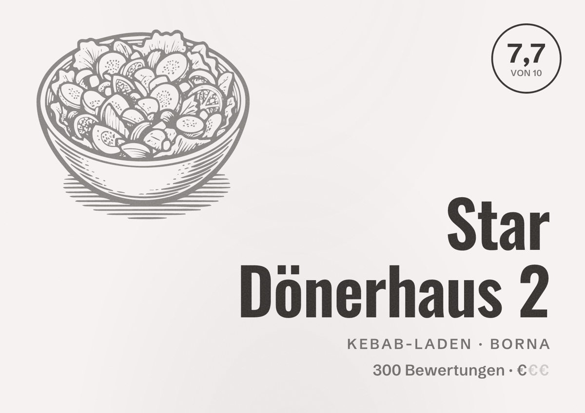 Illustriertes Poster von Star Dönerhaus 2, Kebab-Laden in Borna: Bewertung 7,7 von 10 aus 300 Bewertungen, Preisniveau €