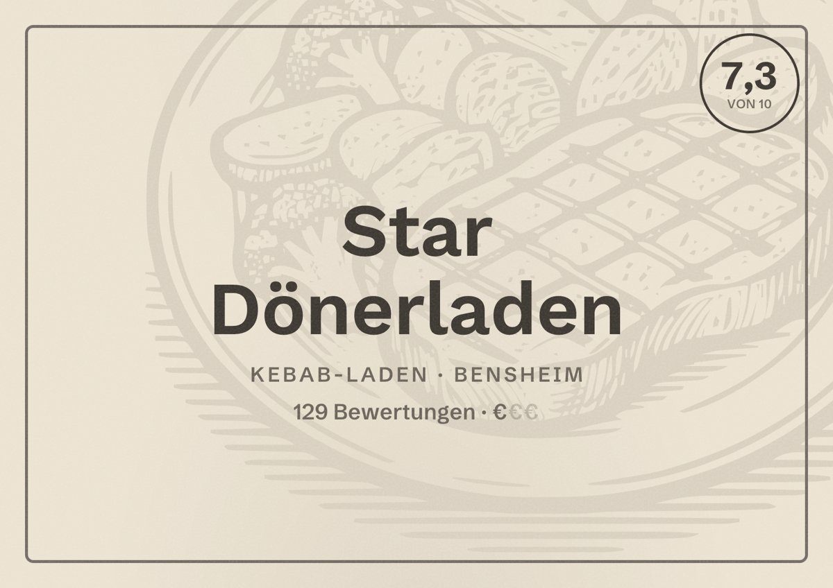 Illustriertes Poster von Star Dönerladen, Kebab-Laden in Bensheim: Bewertung 7,3 von 10 aus 129 Bewertungen, Preisniveau €