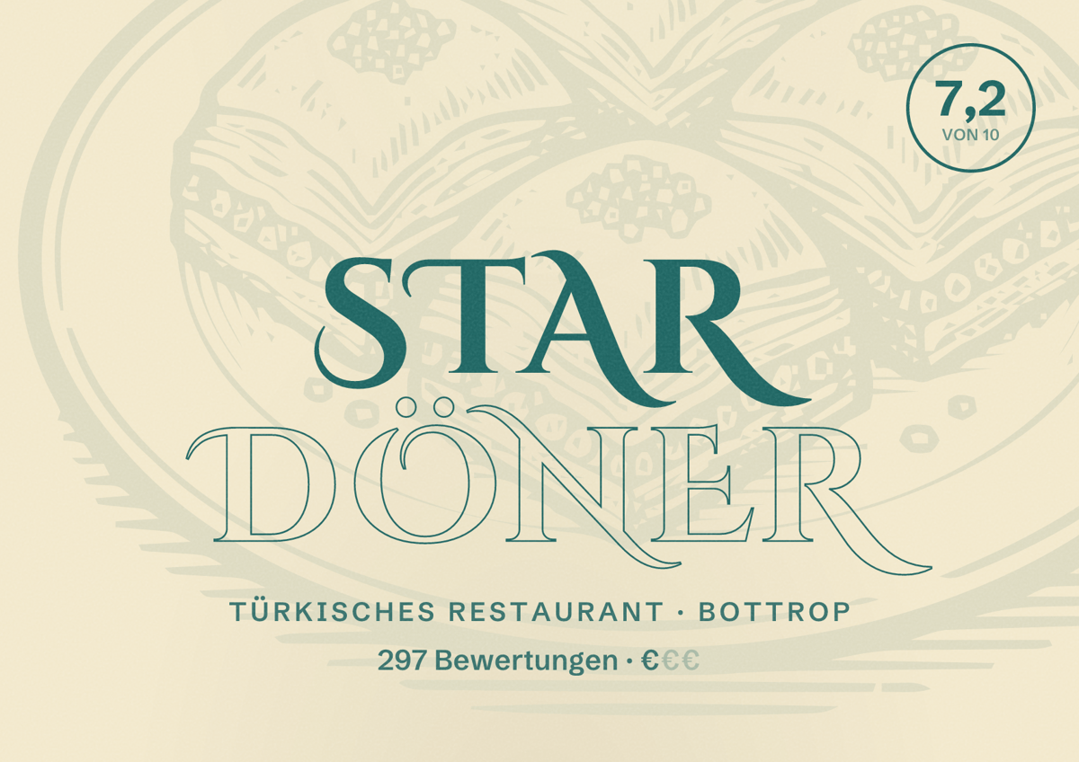 Illustriertes Poster von STAR DÖNER, Türkisches Restaurant in Bottrop: Bewertung 7,2 von 10 aus 297 Bewertungen, Preisniveau €