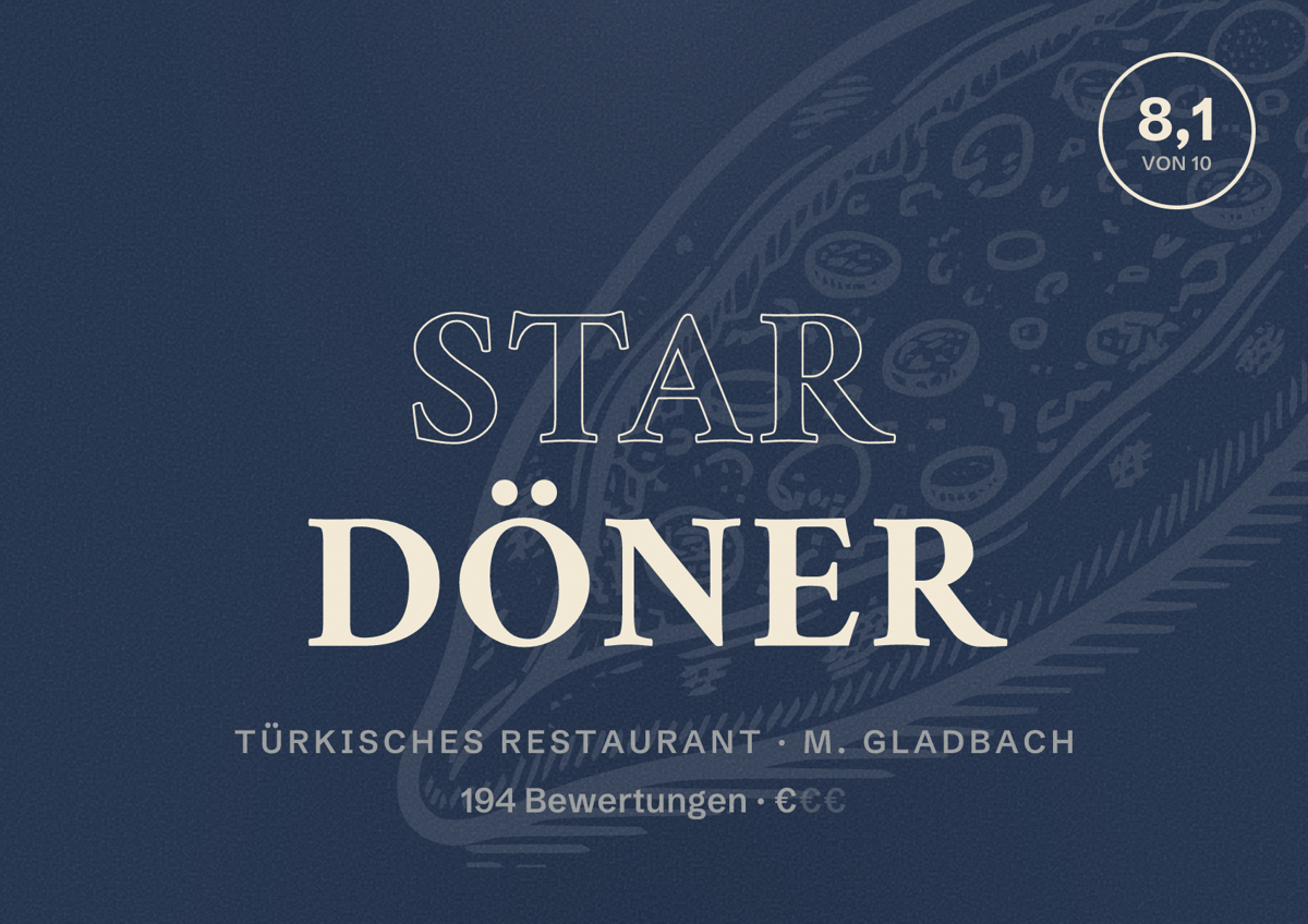 Illustriertes Poster von STAR DÖNER, Türkisches Restaurant in M. Gladbach: Bewertung 8,1 von 10 aus 194 Bewertungen, Preisniveau €
