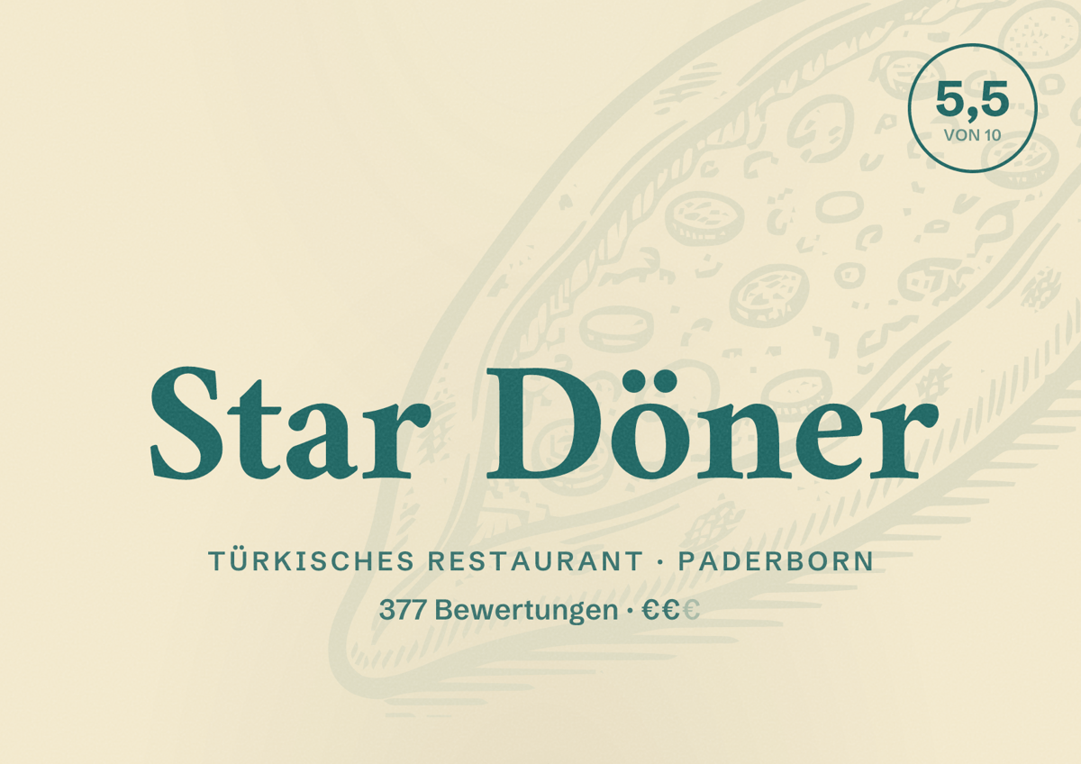 Illustriertes Poster von Star Döner, Türkisches Restaurant in Paderborn: Bewertung 5,5 von 10 aus 377 Bewertungen, Preisniveau €€