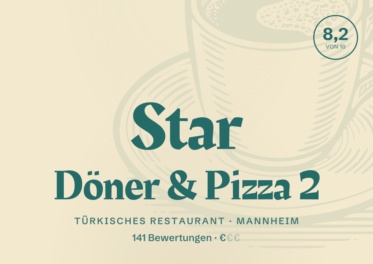 Illustriertes Poster von Star Döner & Pizza 2, Türkisches Restaurant in Mannheim: Bewertung 8,2 von 10 aus 141 Bewertungen, Preisniveau €