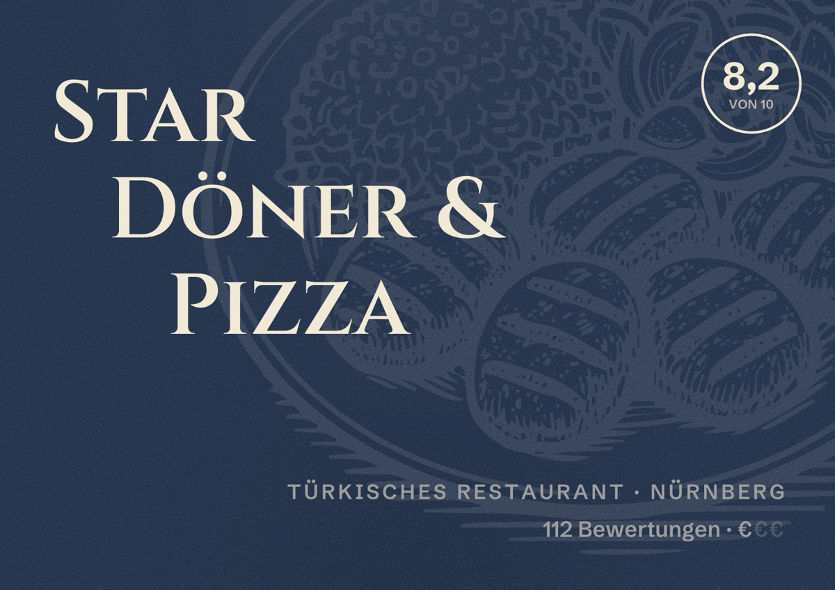 Illustriertes Poster von Star Döner & Pizza, Türkisches Restaurant in Nürnberg: Bewertung 8,2 von 10 aus 112 Bewertungen, Preisniveau €