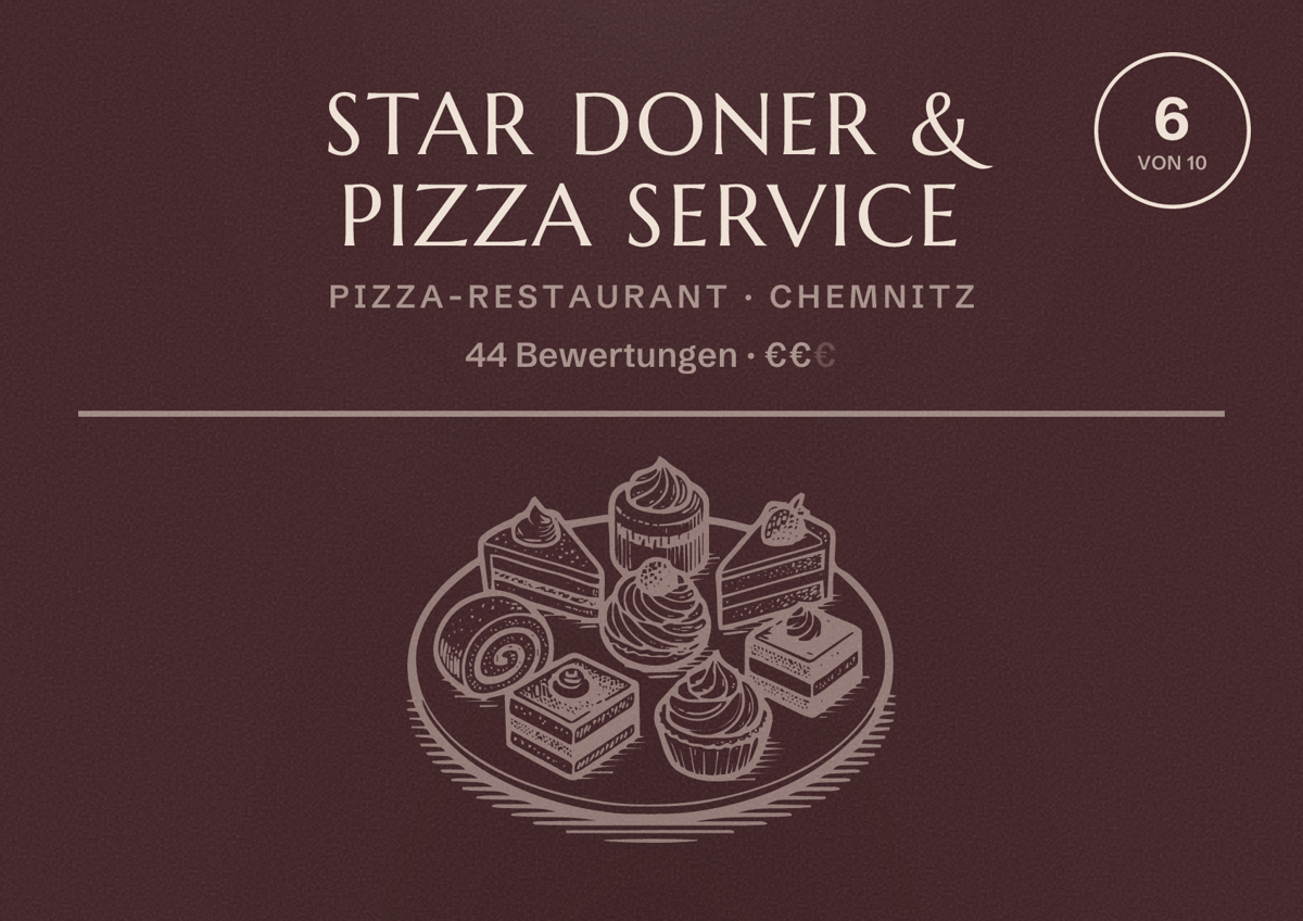 Illustriertes Poster von Star Doner & Pizza Service, Pizza-Restaurant in Chemnitz: Bewertung 6 von 10 aus 44 Bewertungen, Preisniveau €€