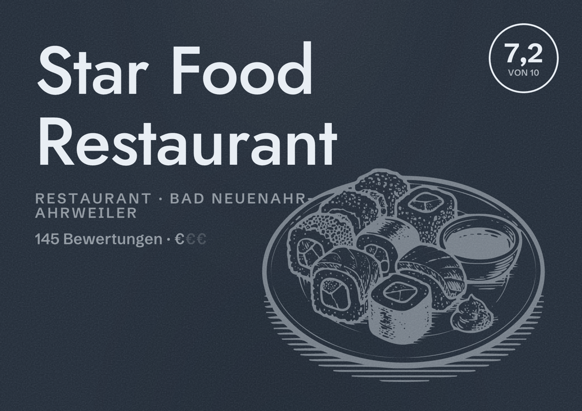 Illustriertes Poster von Star Food Restaurant, Restaurant in Bad Neuenahr-Ahrweiler: Bewertung 7,2 von 10 aus 145 Bewertungen, Preisniveau €