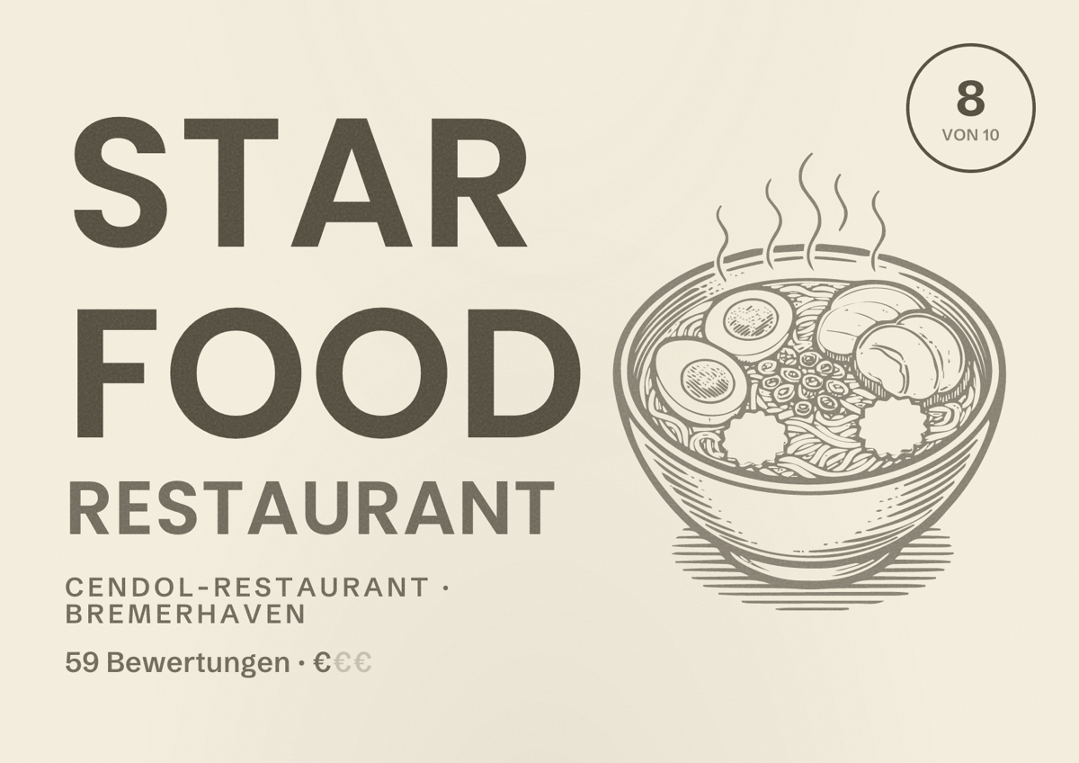 Illustriertes Poster von Star Food Restaurant, Cendol-Restaurant in Bremerhaven: Bewertung 8 von 10 aus 59 Bewertungen, Preisniveau €