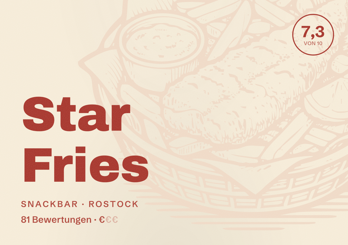 Illustriertes Poster von Star Fries, Snackbar in Rostock: Bewertung 7,3 von 10 aus 81 Bewertungen, Preisniveau €