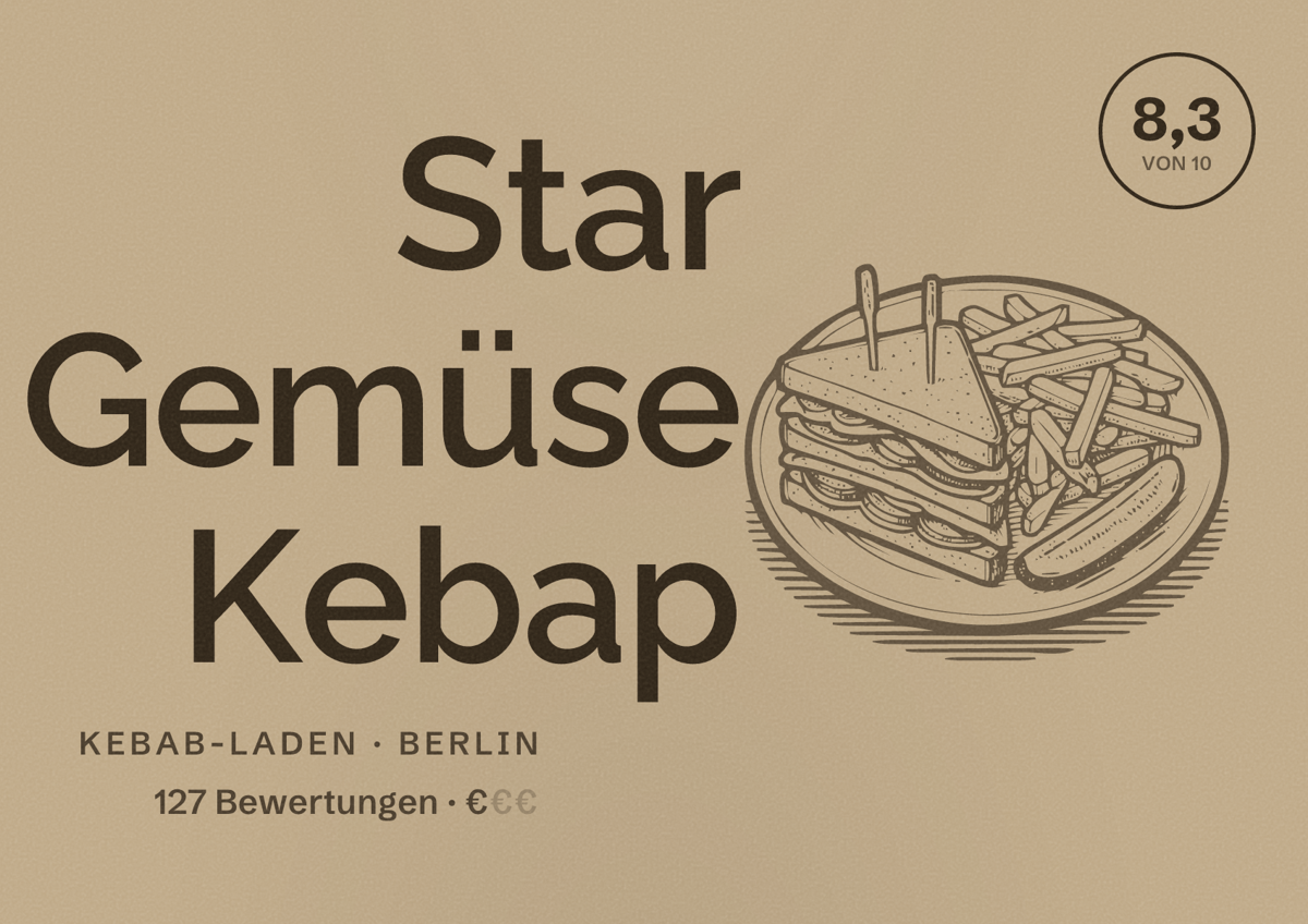 Illustriertes Poster von Star Gemüse Kebap, Kebab-Laden in Berlin: Bewertung 8,3 von 10 aus 127 Bewertungen, Preisniveau €
