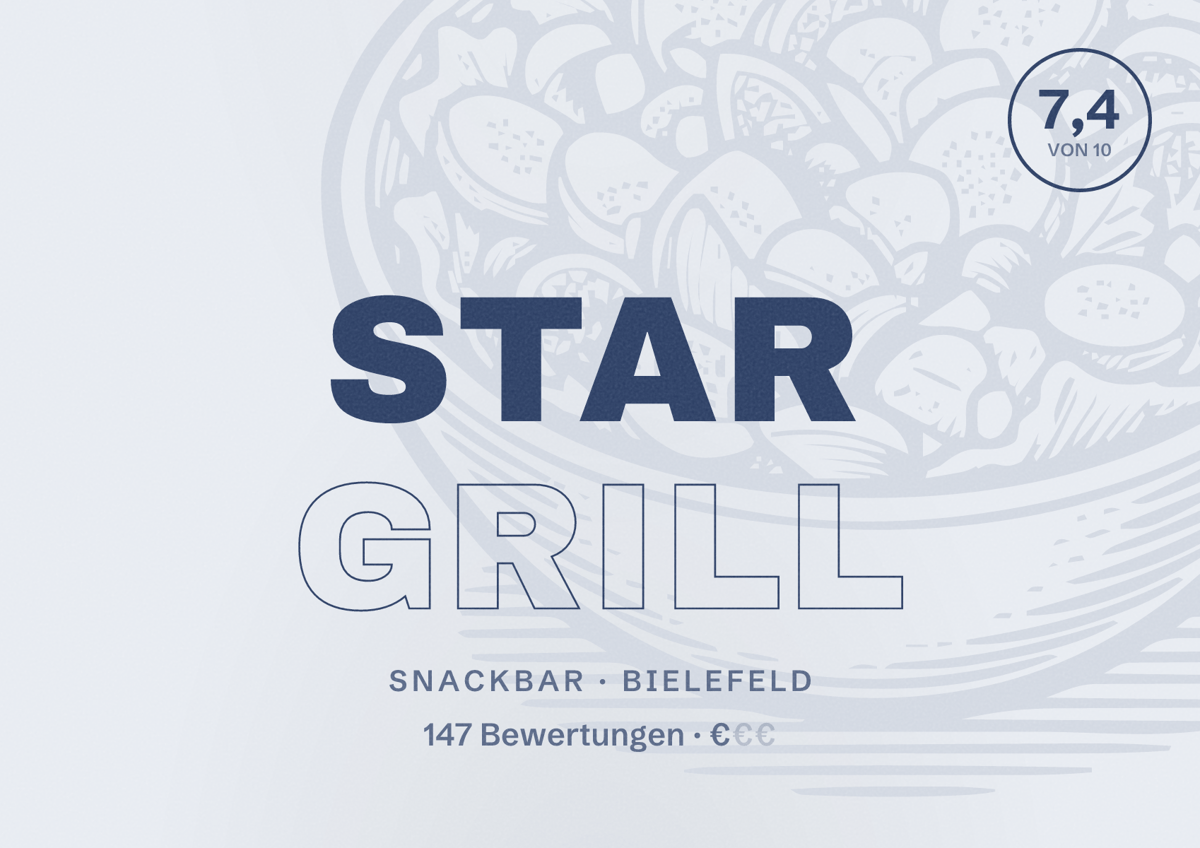 Illustriertes Poster von Star Grill, Snackbar in Bielefeld: Bewertung 7,4 von 10 aus 147 Bewertungen, Preisniveau €